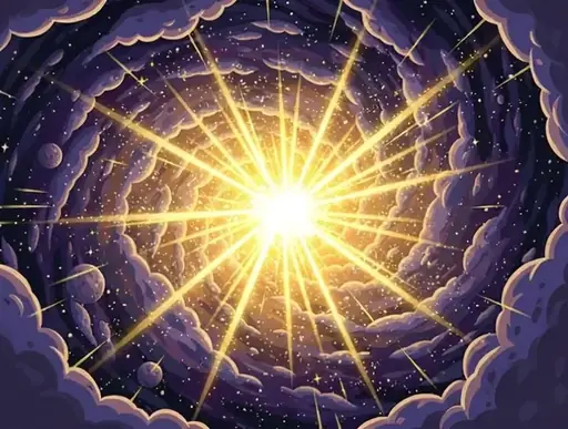 A cosmic burst of light from the void surrounding by swirling space clouds.
